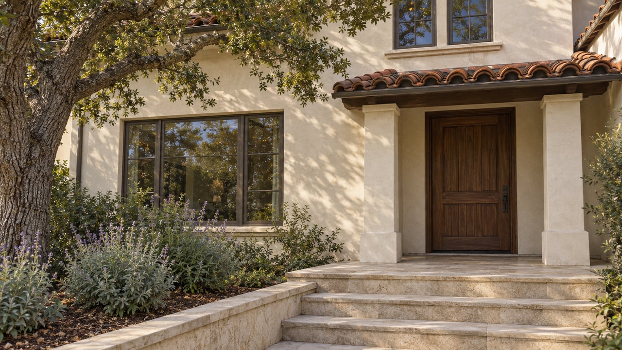 Sunlit ivory stucco home with a terracotta roof, recessed oak entry door and limestone steps beside a mature coast live oak.
