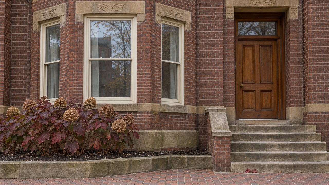Russet brick home with ivory bay windows, a recessed oak door, worn sandstone steps and burgundy oakleaf hydrangea.