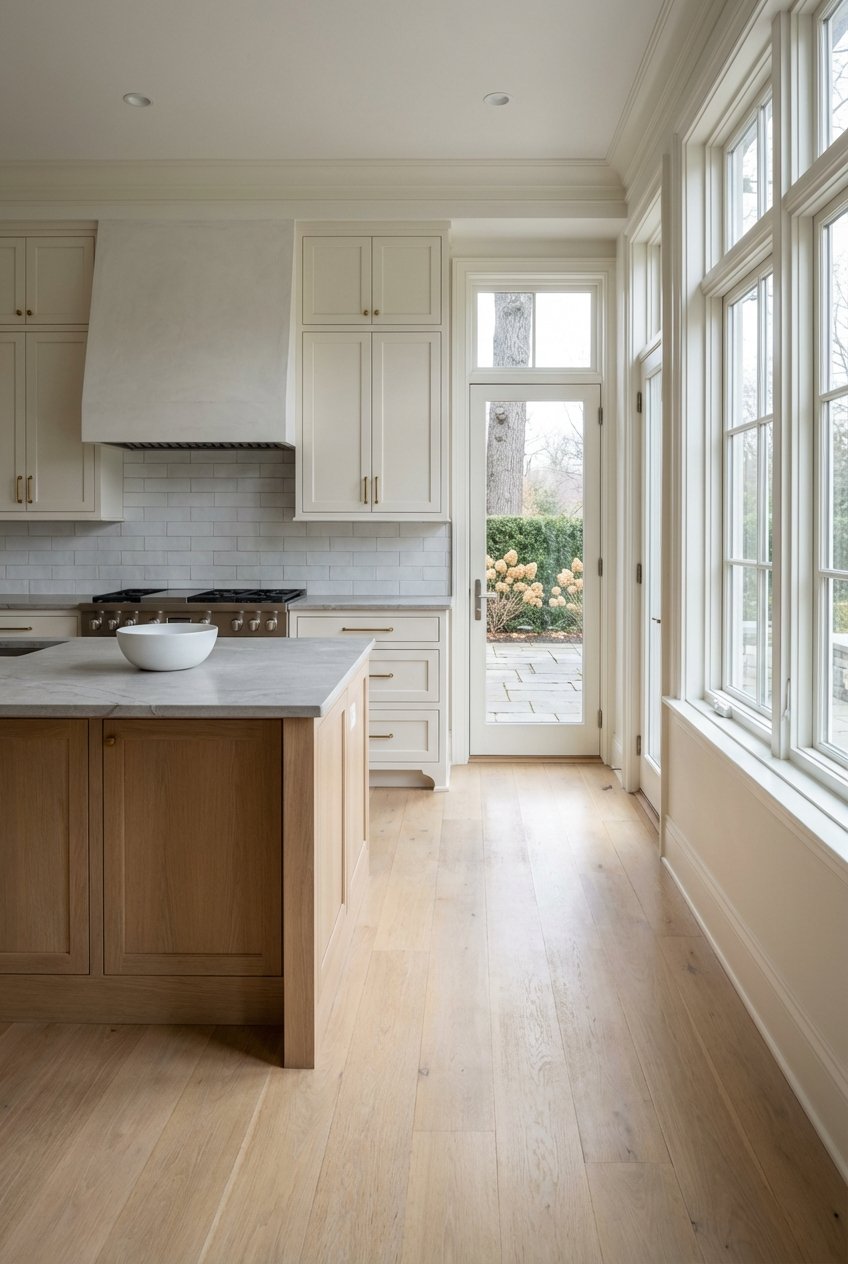 Honed-stone kitchen island and plaster hood beside a window overlooking a bluestone terrace and mature landscaping.