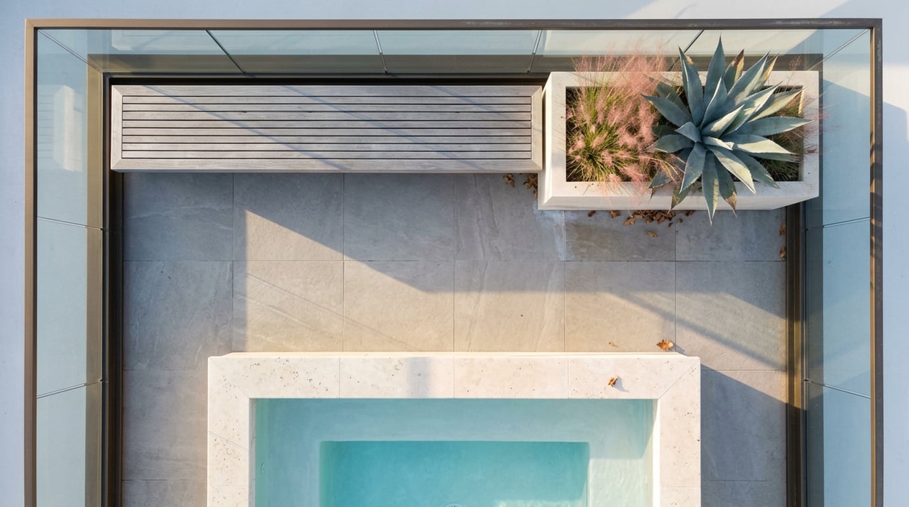 Overhead rooftop terrace with a pale turquoise plunge pool, gray pavers, and a planter of agave and pink muhly grass.