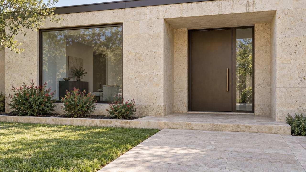Pale limestone home entrance with a dark bronze door, broad window, stone approach and flowering sage beside a lawn.