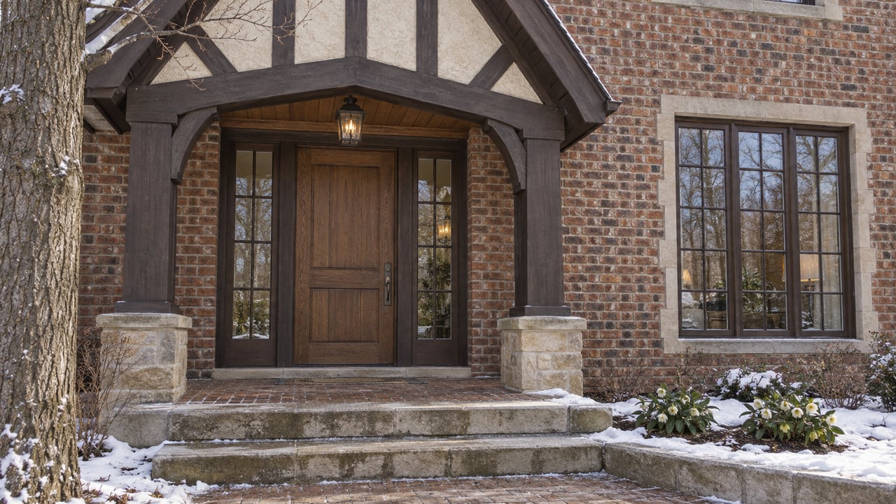 Winter light on a timber-and-stucco entry gable, weathered brick, oak door with paired glazed sidelights, and cleared limestone steps beside snow.