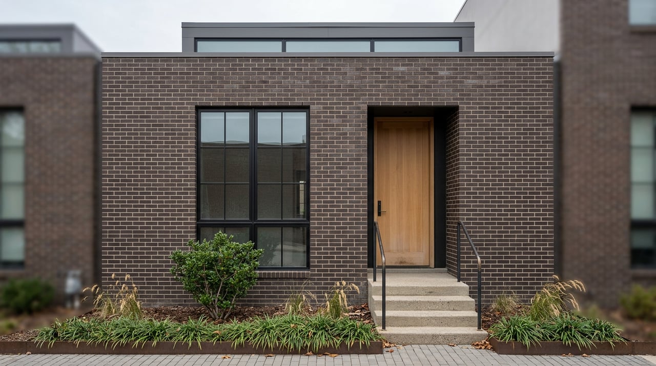 Urban rowhouse facade with a recessed oak door, multi-pane windows, concrete stoop, and narrow planted bed.