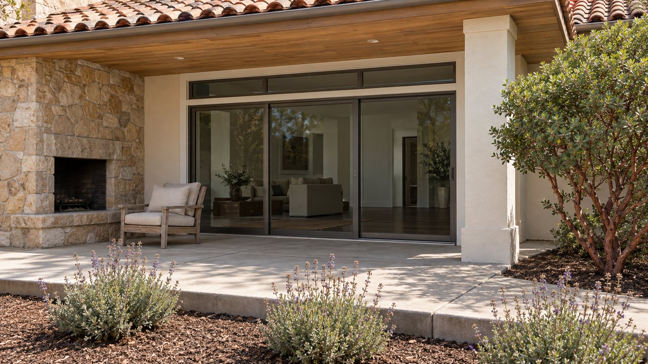 Covered patio with a sandstone fireplace, teak chair, wood-lined eave and closed glass doors beside sculptural manzanita planting.