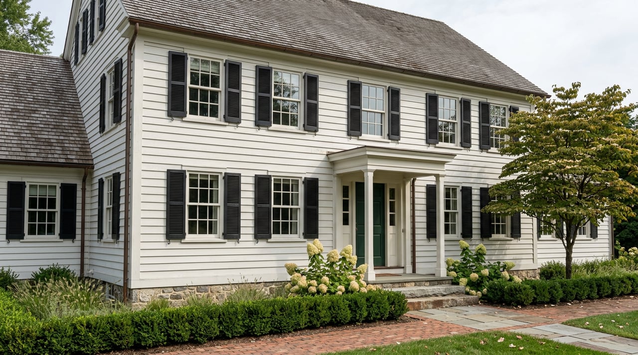 Historic white clapboard house with black shutters, a green door, and hydrangeas beside a brick walkway.