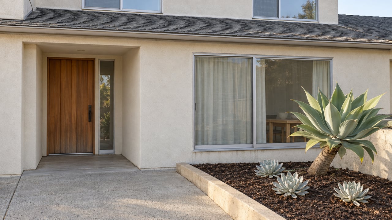 Ivory stucco townhome with a cedar entry door, closed glass slider, and sculptural succulents beside a concrete approach.