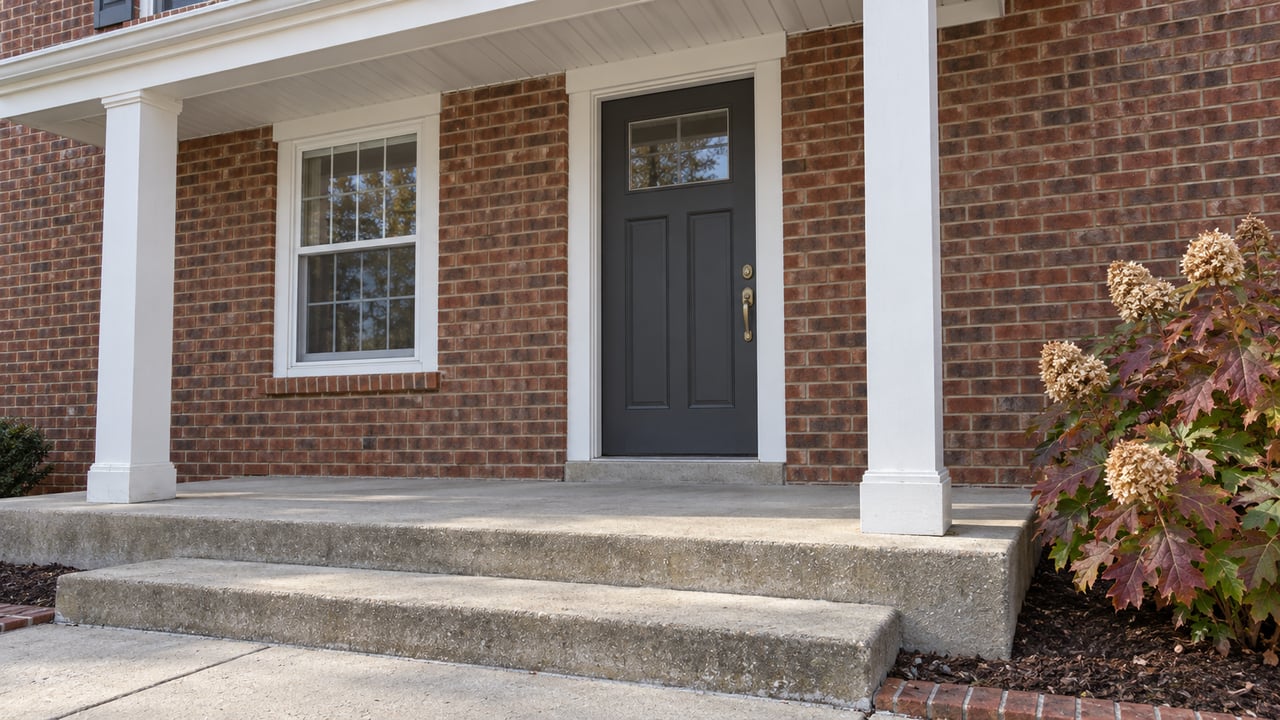 Brick home entry with a charcoal front door, white porch posts, worn concrete steps and autumn oakleaf hydrangea.