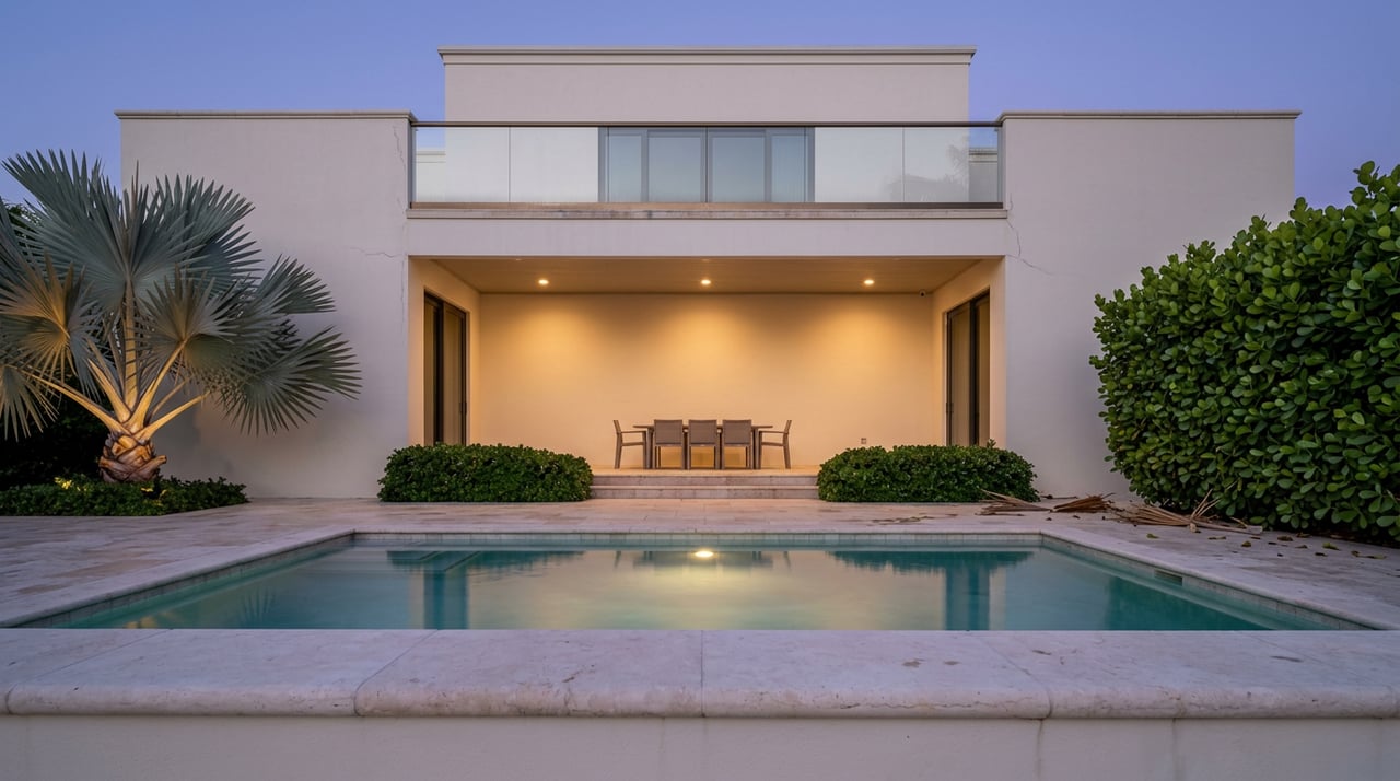 Twilight pool courtyard with three warm loggia lights, a silver-blue palm, and clipped hedge.