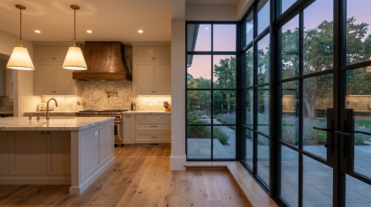 Quartz waterfall island beneath brass pendants, with cream cabinetry and a black-framed window overlooking a patio at dusk.