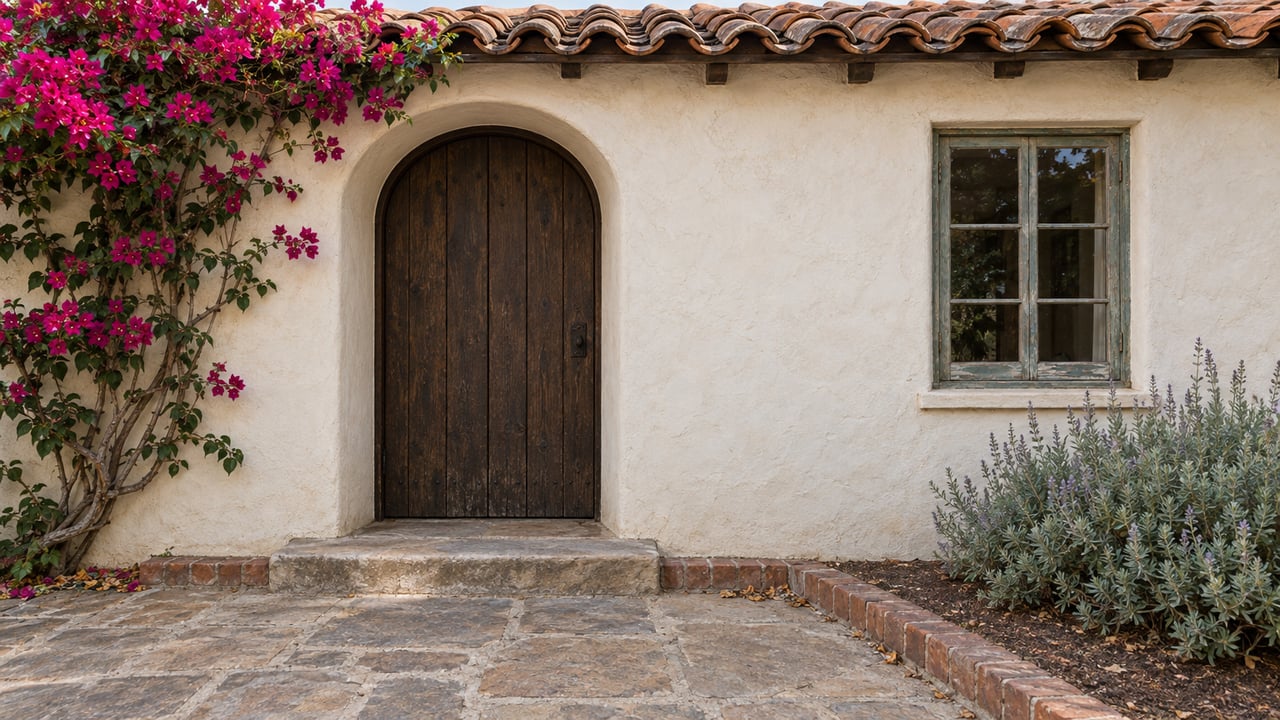 A modest stucco house with a tiled roof, arched timber door, casement window, and small planted front court.