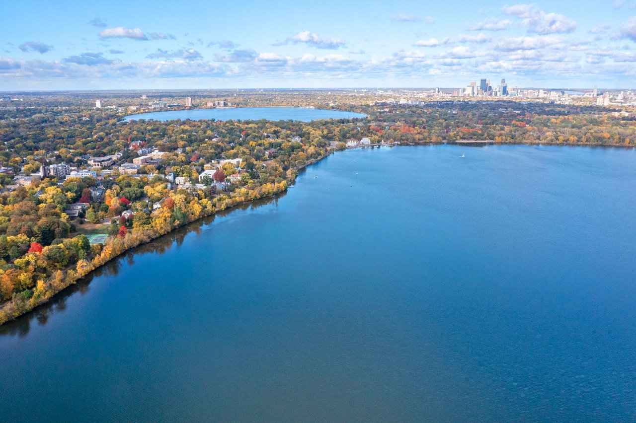 aerial view of Lake Harriet with downtown Minneapolis in the background