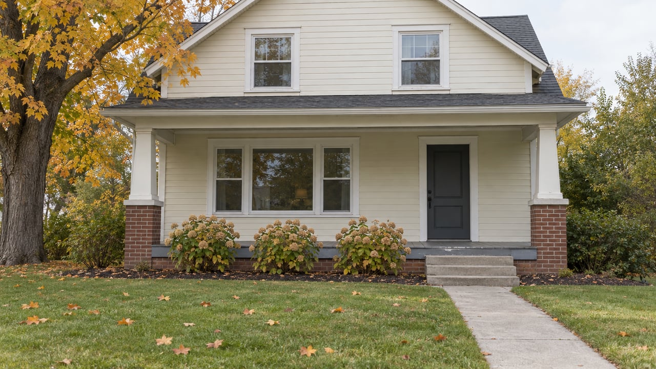 Cream clapboard home with a brick porch, deep front lawn and golden autumn maple foliage in bright daylight.