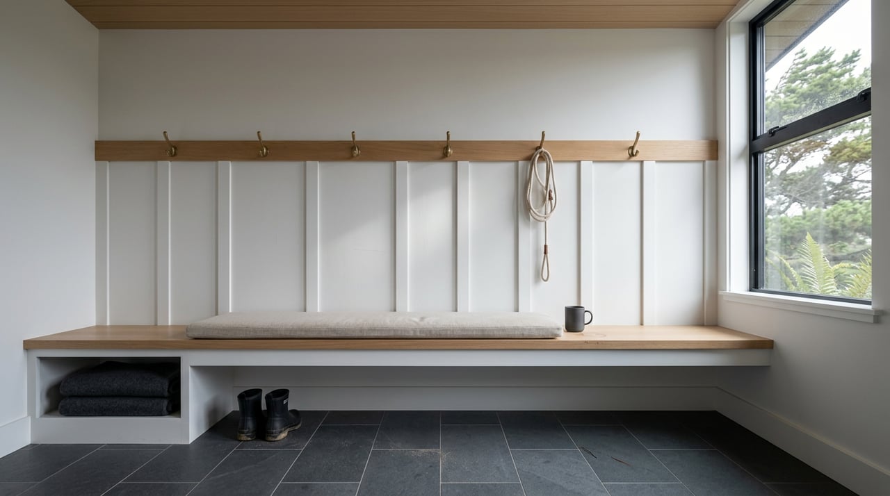 Mudroom bench with oatmeal cushion, brass hooks, black boots, and a dog leash beneath a clerestory window.