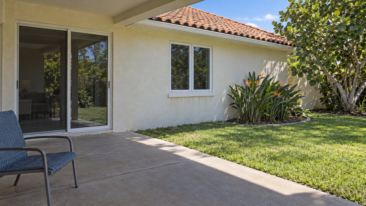 Covered concrete patio beside a cream stucco home with a terracotta hip roof, blue woven chair, and sunlit lawn.