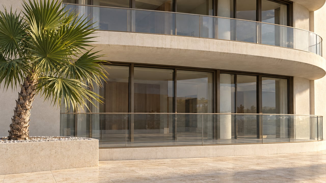 Two curved condominium balconies above a limestone terrace, with glass railings and a fan palm.