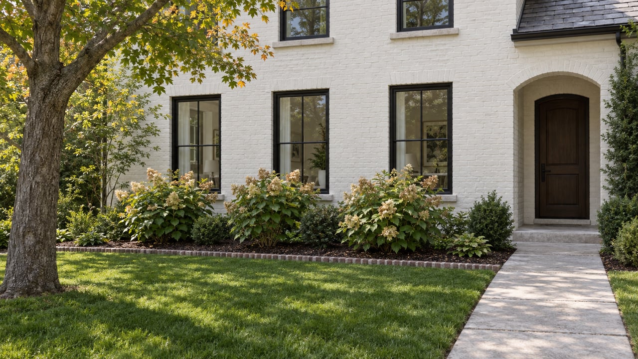 White painted-brick home with tall black-framed windows, a sheltered oak entry door, and a deep lawn beside oakleaf hydrangeas.