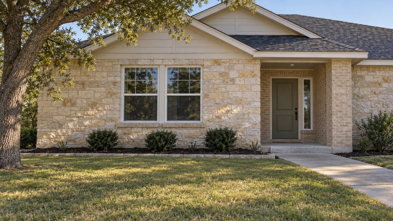 Well-kept single-story home with limestone and brick facade, two gables, a recessed olive door, and a deep autumn lawn beneath a spreading live oak.