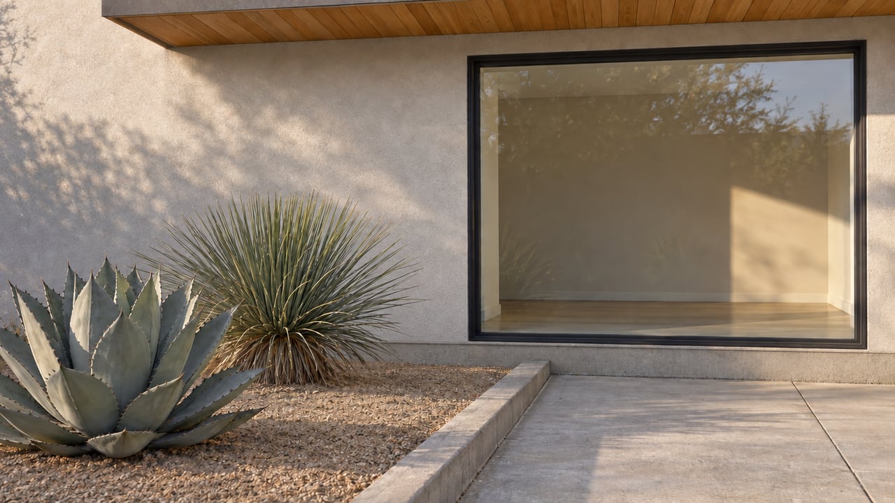 Stucco exterior wall meets gravel above a low concrete foundation plinth.