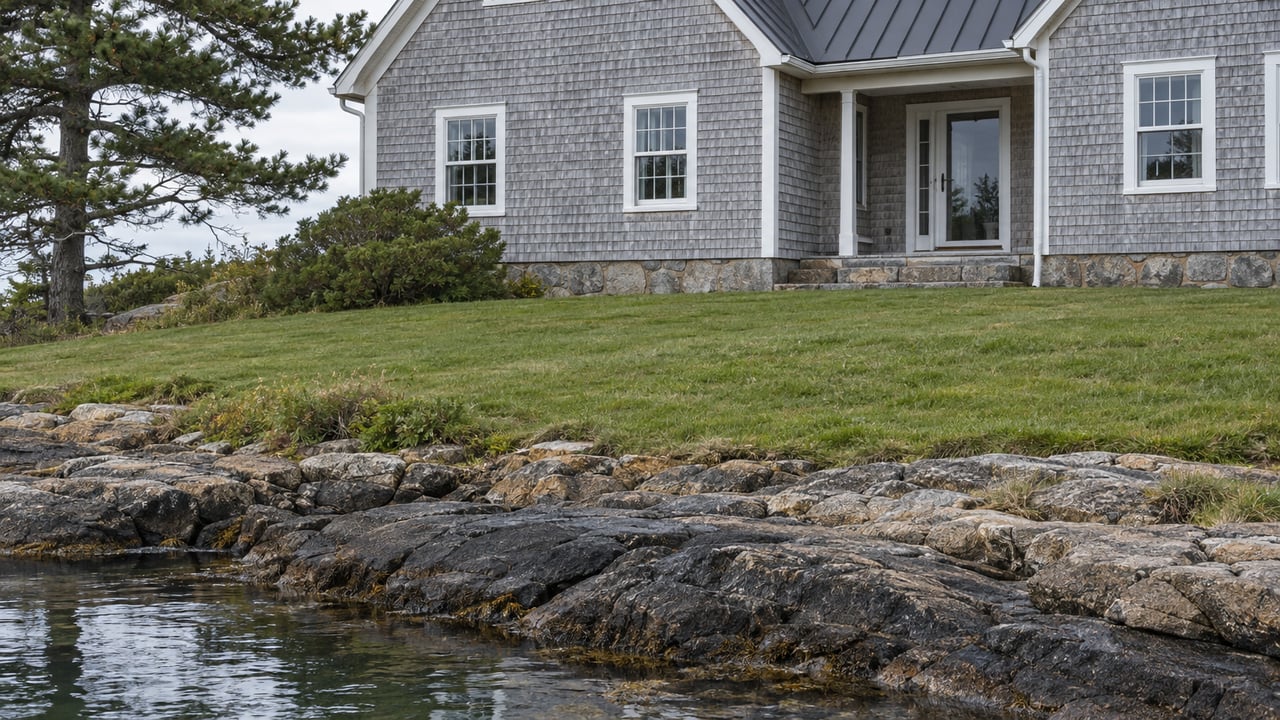 Weathered cedar-shingle waterfront house above a broad lawn, granite shore ledge, and still tidal water.