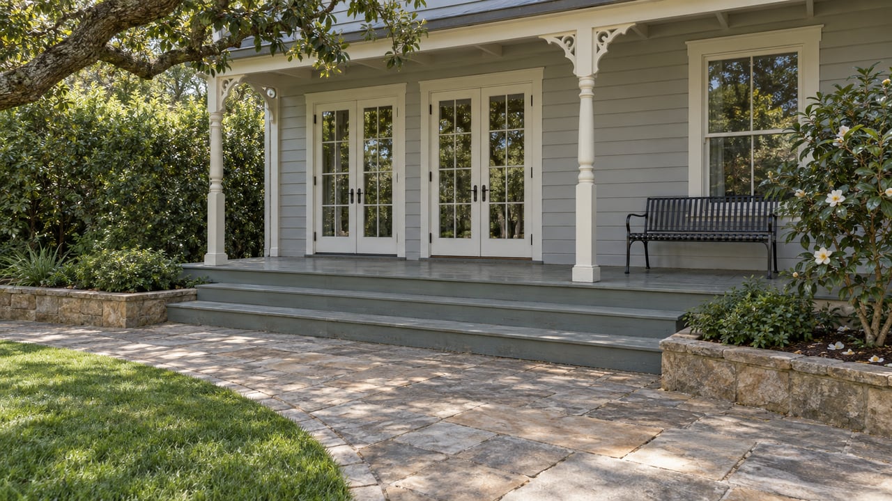 A shaded traditional timber veranda with glazed doors, worn sandstone paving, a dark metal bench and mature garden planting.