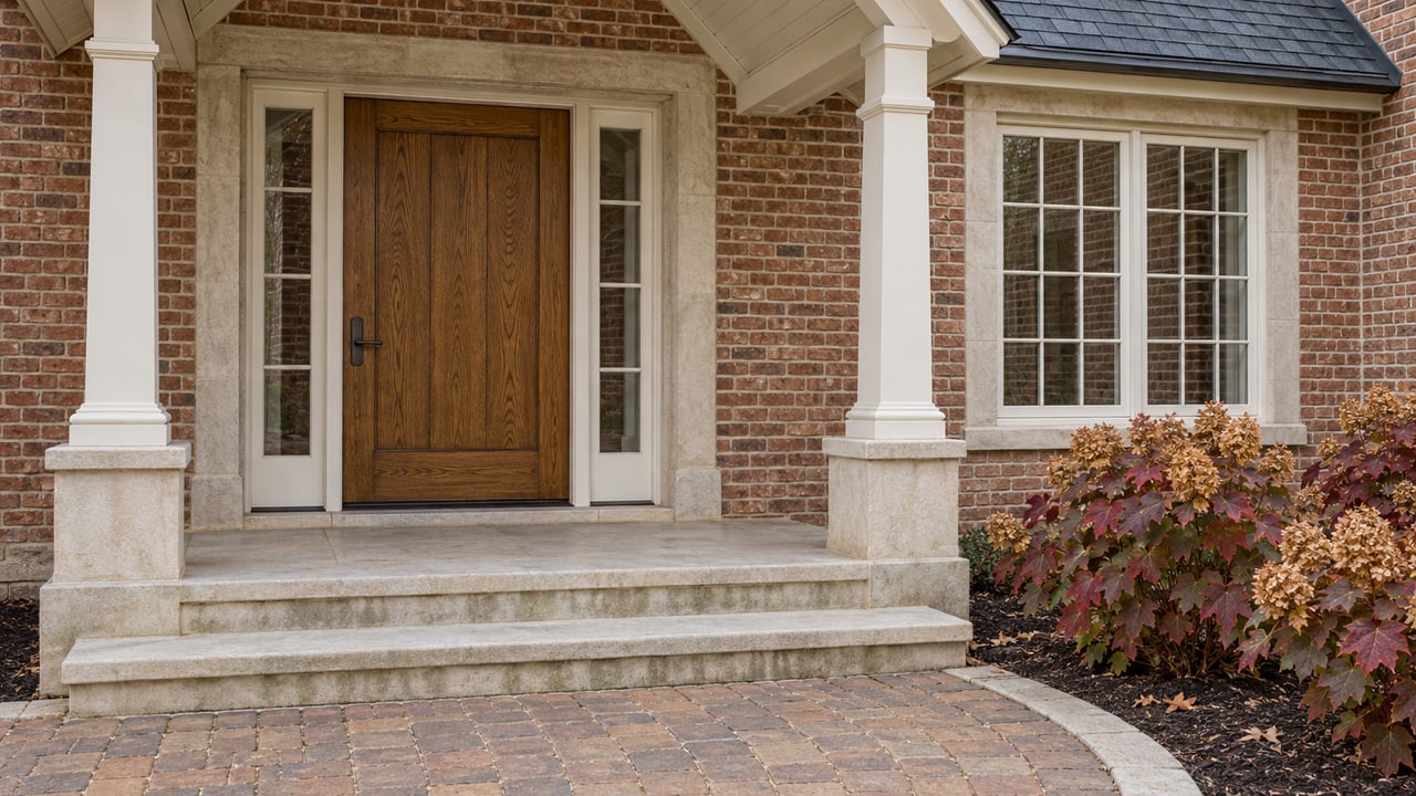Warm brick home entry with an oak door, paired glazed sidelights, limestone steps and burgundy oakleaf hydrangeas.