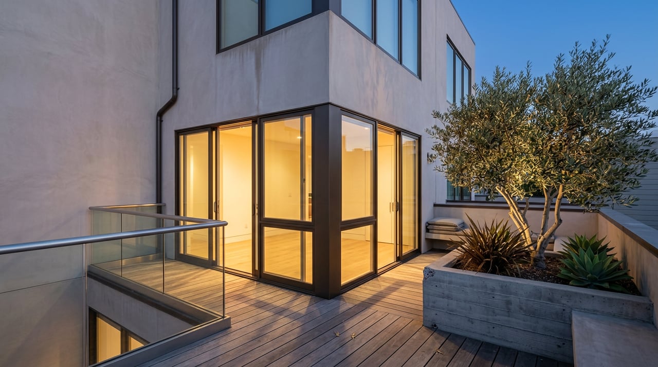 Modern condo terrace with olive tree, glass railing, and warm-lit sliding doors at dusk.