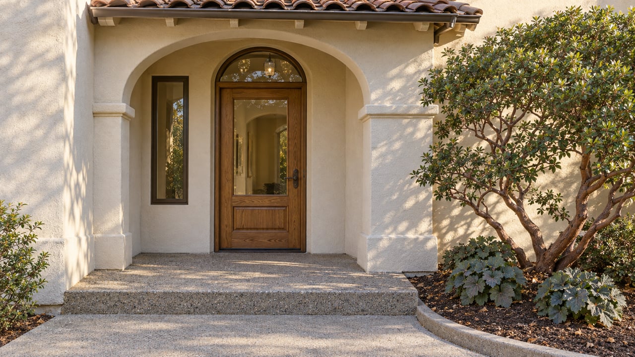 Warm stucco home entry with an arched recess, glazed oak door, clay tile roof, and sculptural manzanita beside a concrete landing.