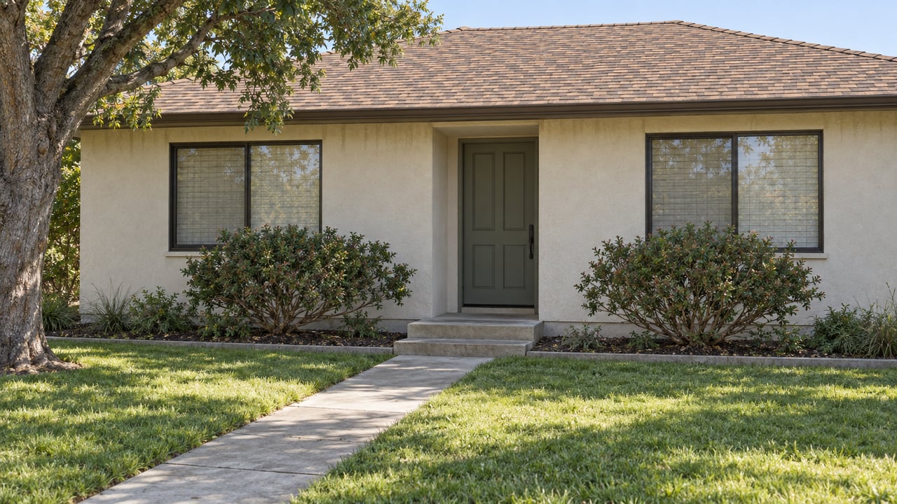 Single-story sand-stucco house with a brown hip roof, front lawn, concrete walk, and flanking windows.