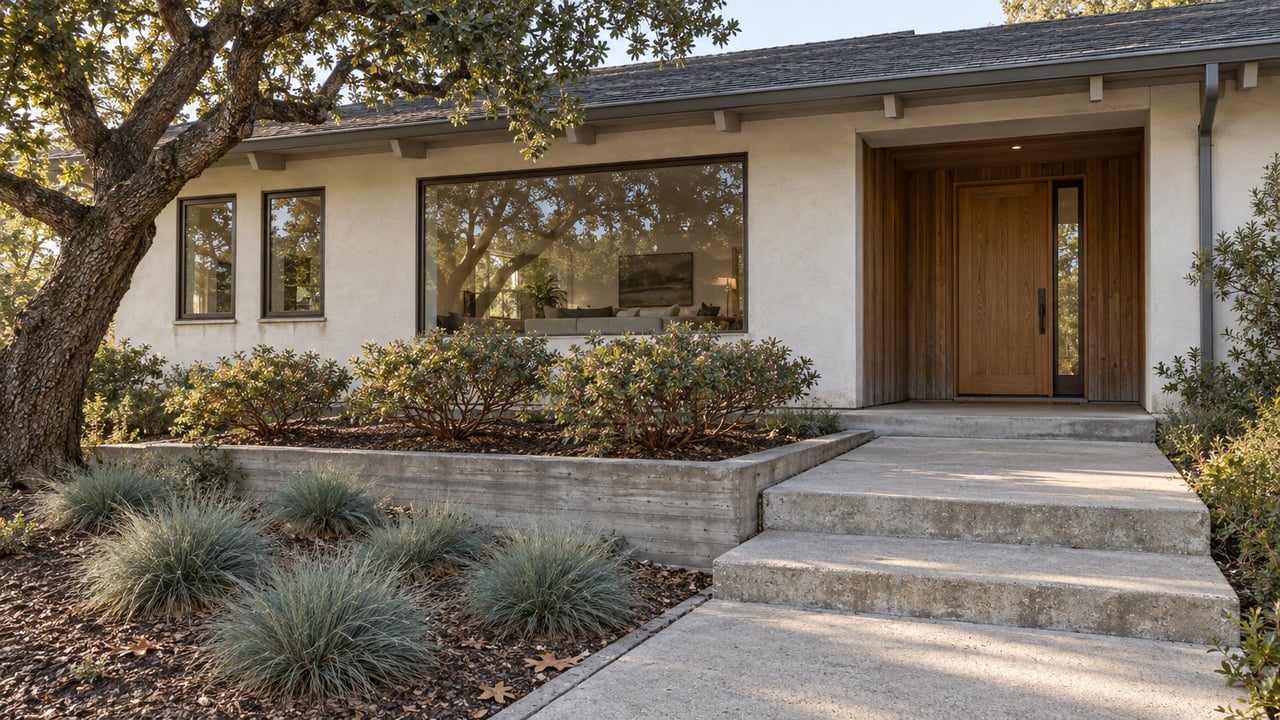 Renovated stucco and cedar home above broad concrete steps, framed by a mature live oak and sculptural shrubs in late-afternoon light.