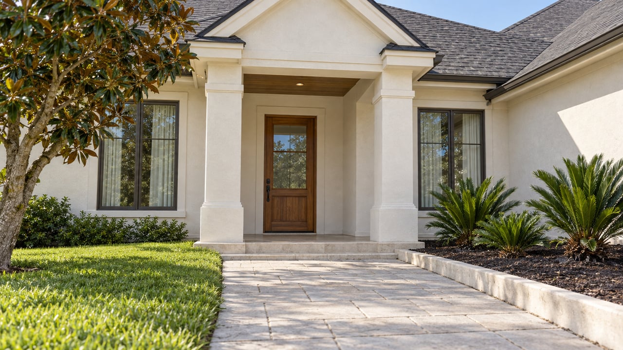 Cream stucco home with charcoal roof, a covered oak entry, paired windows, and a paved approach bordered by magnolia and coontie.