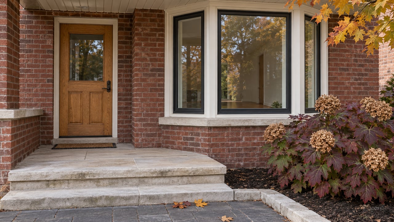 Red-brick home entrance with an oak door, white-trimmed bay window, limestone steps and autumn oakleaf hydrangea.