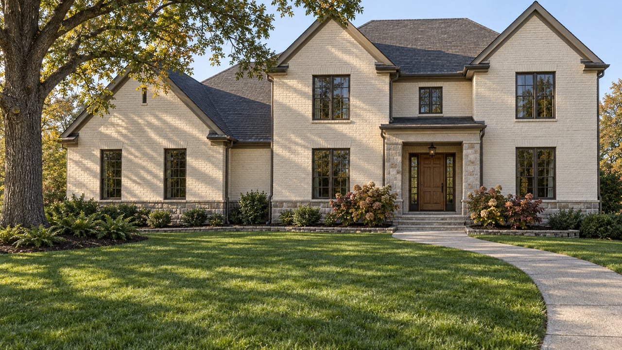 A substantial cream-brick home with layered gables, limestone entry steps and a curved walk across a deep lawn beneath a mature oak.
