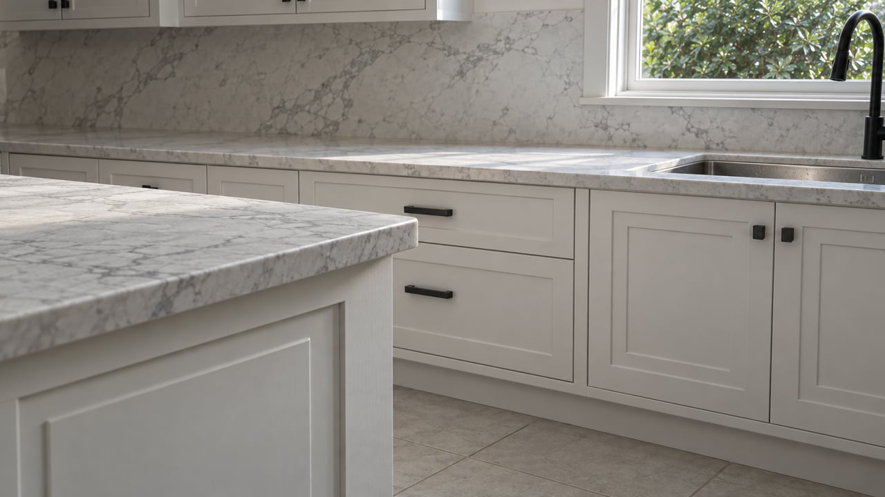 Close view of a white paneled kitchen island, gray-veined stone counter and black hardware beside a closed daylight window.