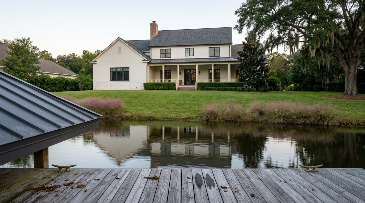 Two-story lakefront home beyond a broad lawn, with a weathered dock and still water in the foreground.