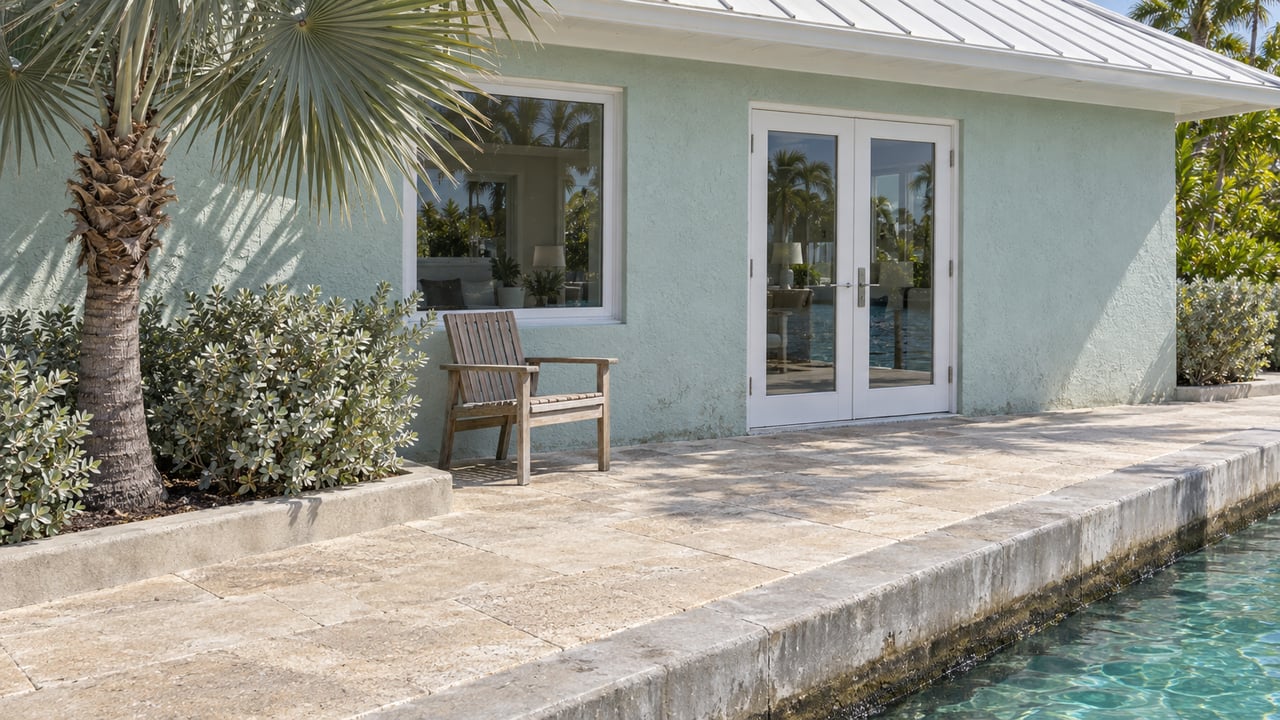 Seafoam waterfront home with white framed glass doors, a weathered teak chair, silver palm and a paved terrace beside turquoise canal water.