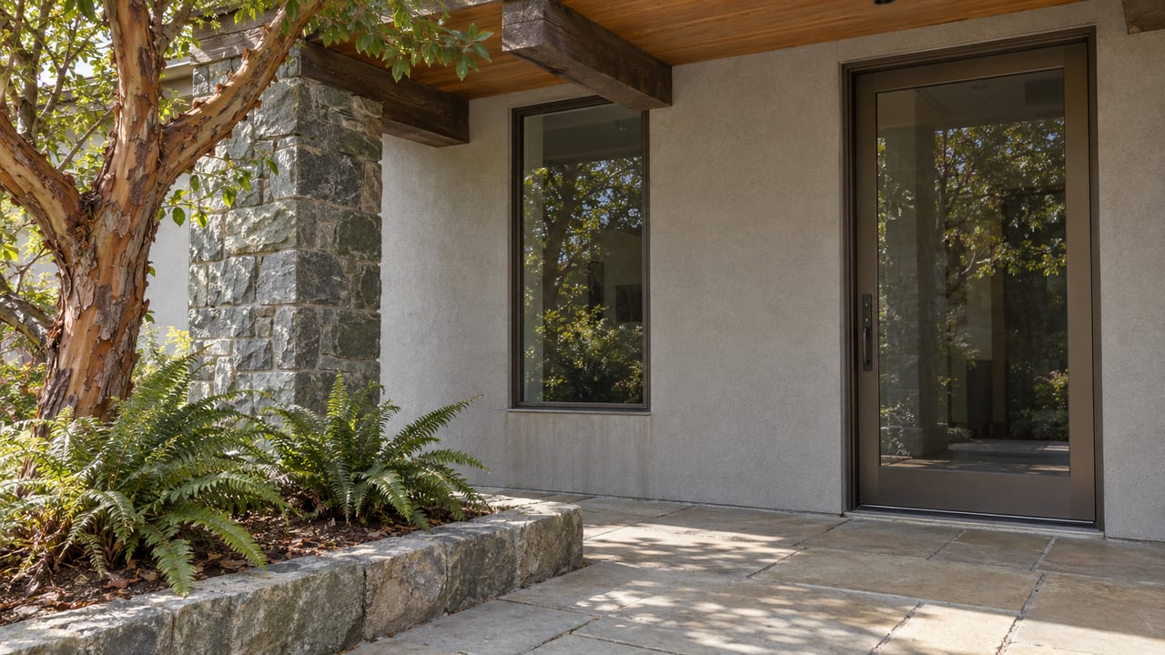 A shaded home entry with bronze-framed glazing, weathered timber eaves, sandstone paving, and a madrone above ferns in a stone-edged bed.