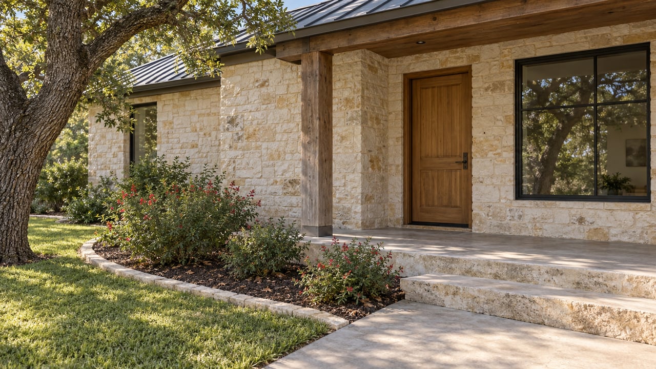 Morning light on a limestone home's timber front door, covered porch and stone steps beside a mature live oak and red-flowering sage.
