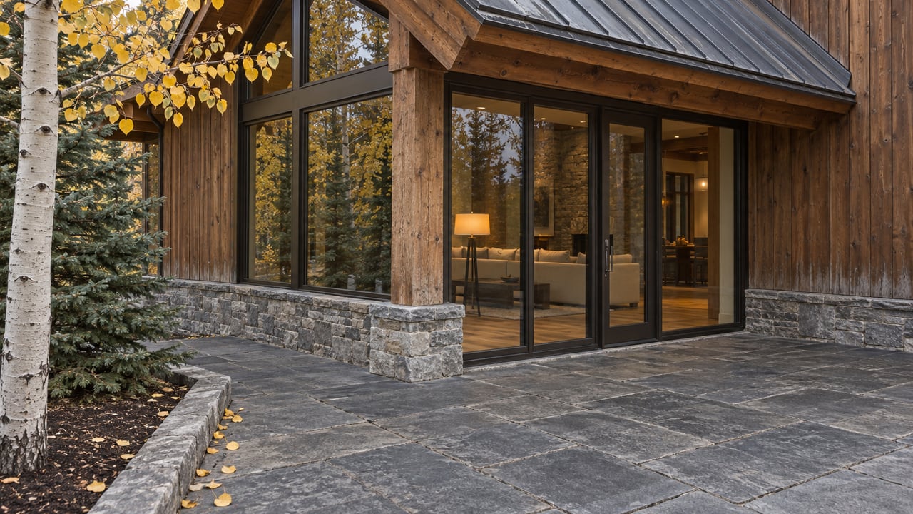 Cedar and stone home beside a quartzite terrace, with yellow aspen leaves and warm light behind bronze-framed glass.