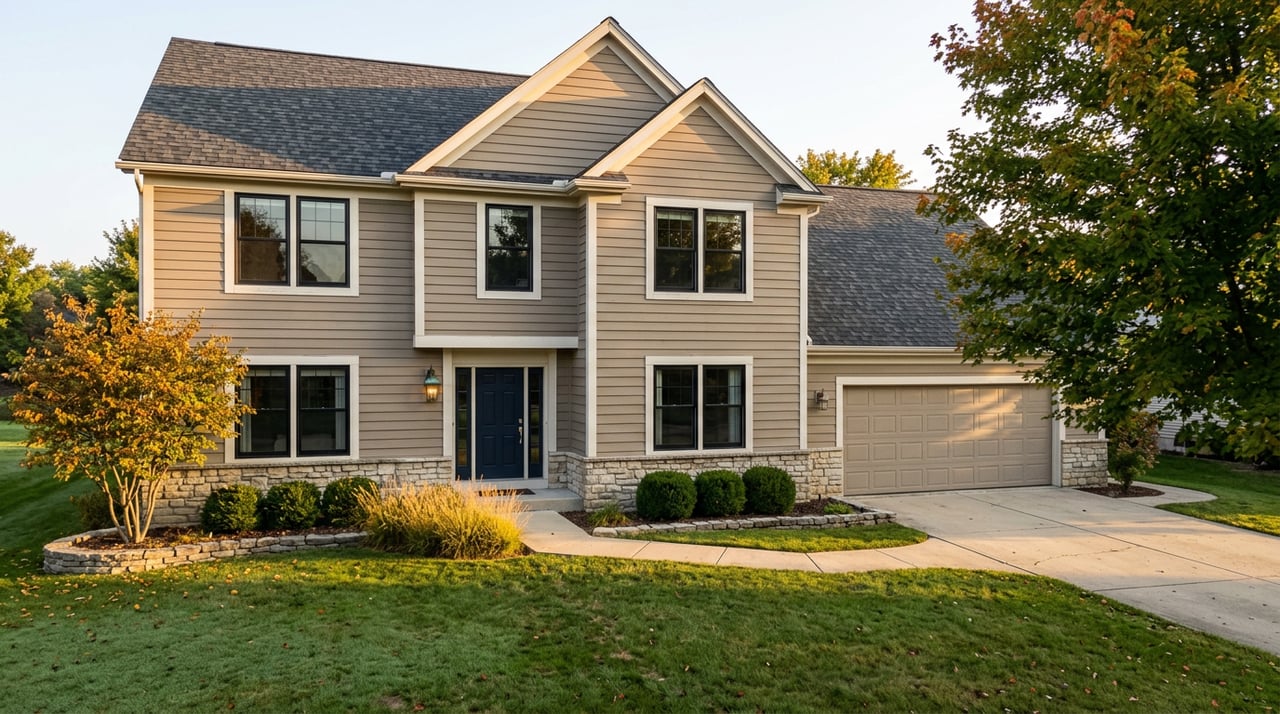 Two-story taupe home with a gabled entry, stone base, navy door, and curved driveway across a lawn.