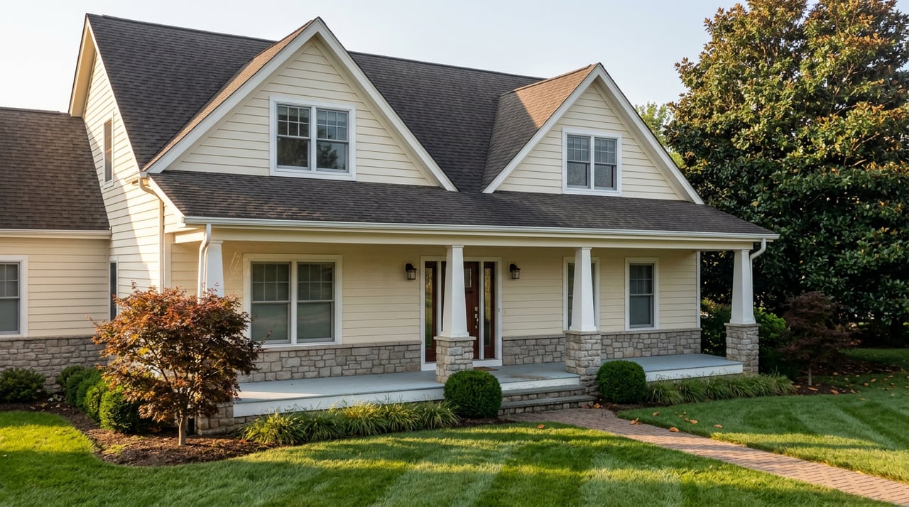 Two-story cream-sided home with stone porch, brick walkway, and Japanese maple shadow stretching across the lawn.