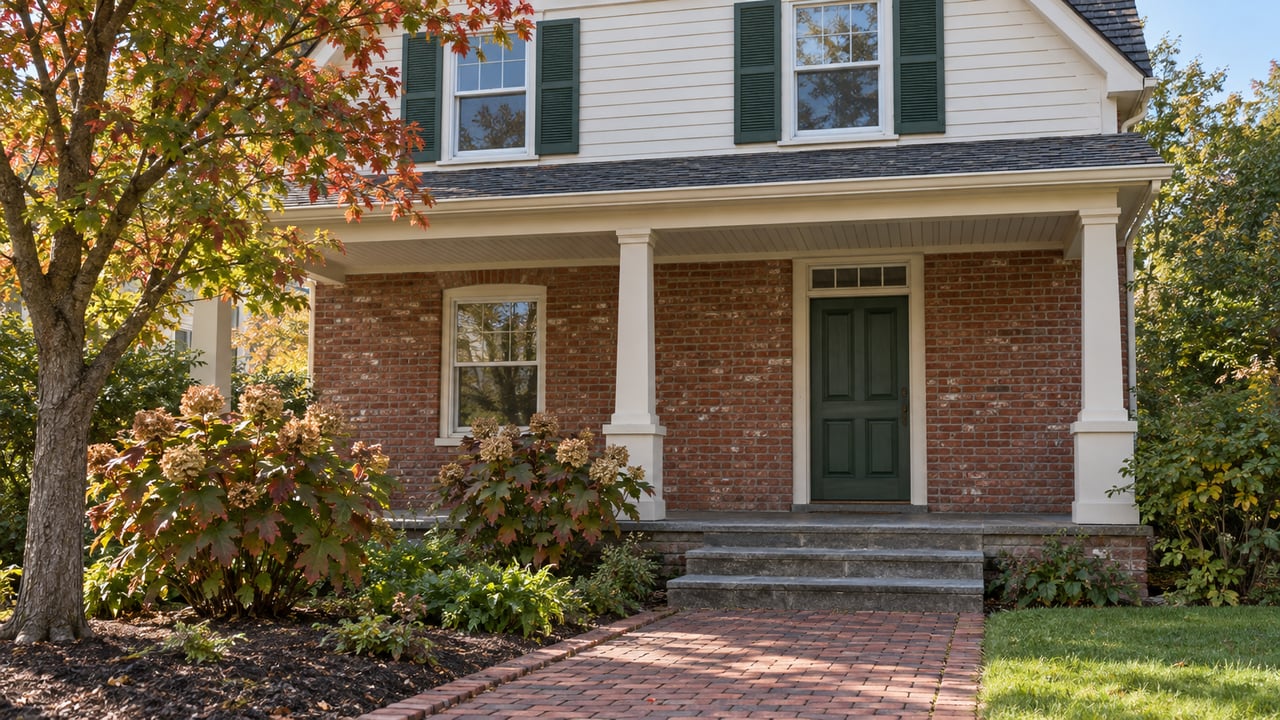 Older brick-and-ivory clapboard home with green shutters, a covered porch, stone steps and autumn garden planting.