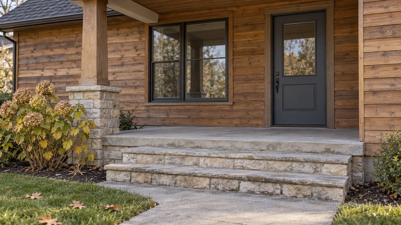 Late-autumn light across a cedar home's covered front porch, limestone steps and charcoal entry door.
