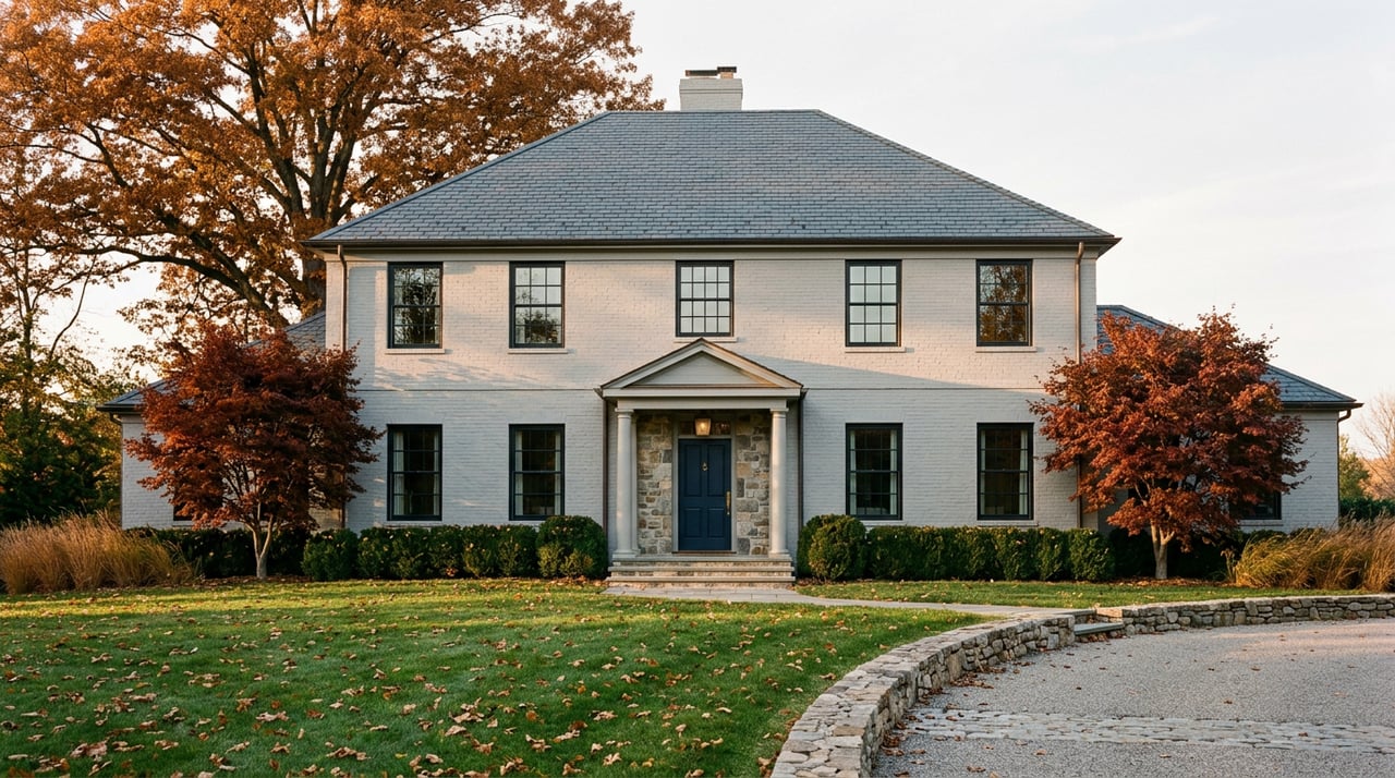 Dove-gray brick estate framed by bronze-orange oak and red-orange Japanese maples across a leaf-strewn lawn.
