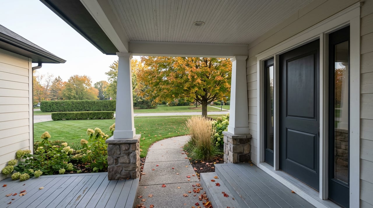 A charcoal front door and white porch columns frame a lawn, boxwood hedge, and maple tree.