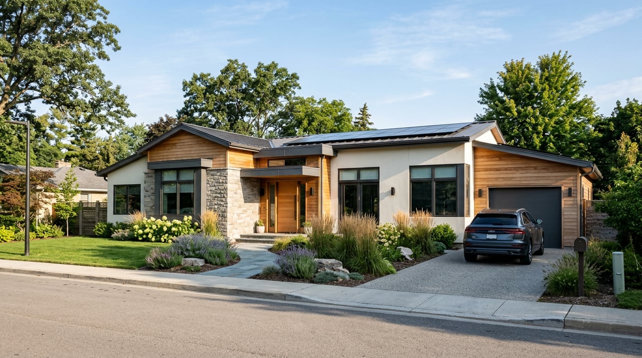 Single-story stucco house with black-framed windows, concrete entry panel, oak canopy, and flagstone path.