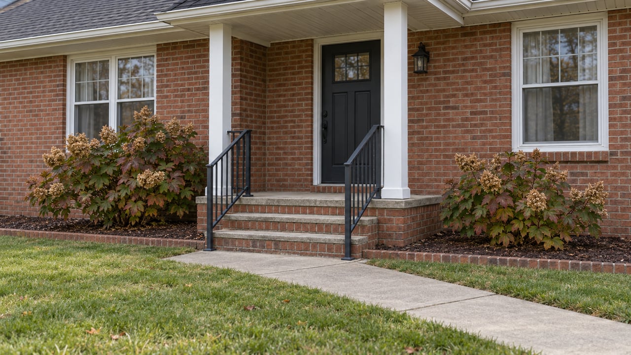 Red-brick ranch entry with a covered stoop, white-framed windows, a concrete walk and oakleaf hydrangeas beside the front lawn.