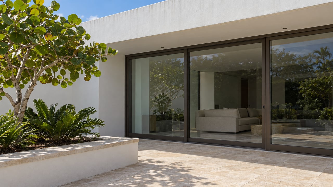 White stucco home with a shaded glass sliding wall, warm limestone terrace, and a raised planter containing sea grape and coontie.