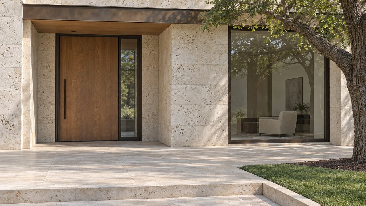 Close exterior view of a limestone home entry with an oak pivot door, bronze-framed glass, stone landing and mature oak.