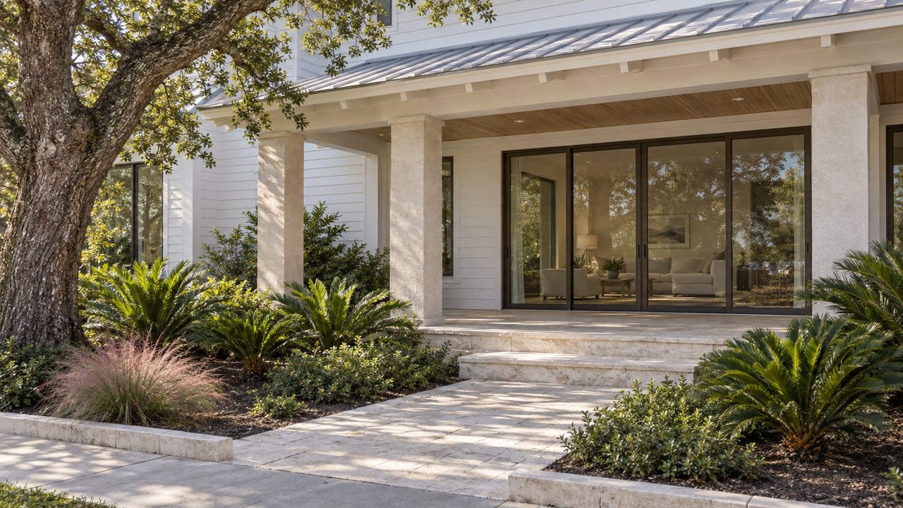 Coastal house with white siding, a raised porch, oak canopy, and limestone path bordered by tropical plants.