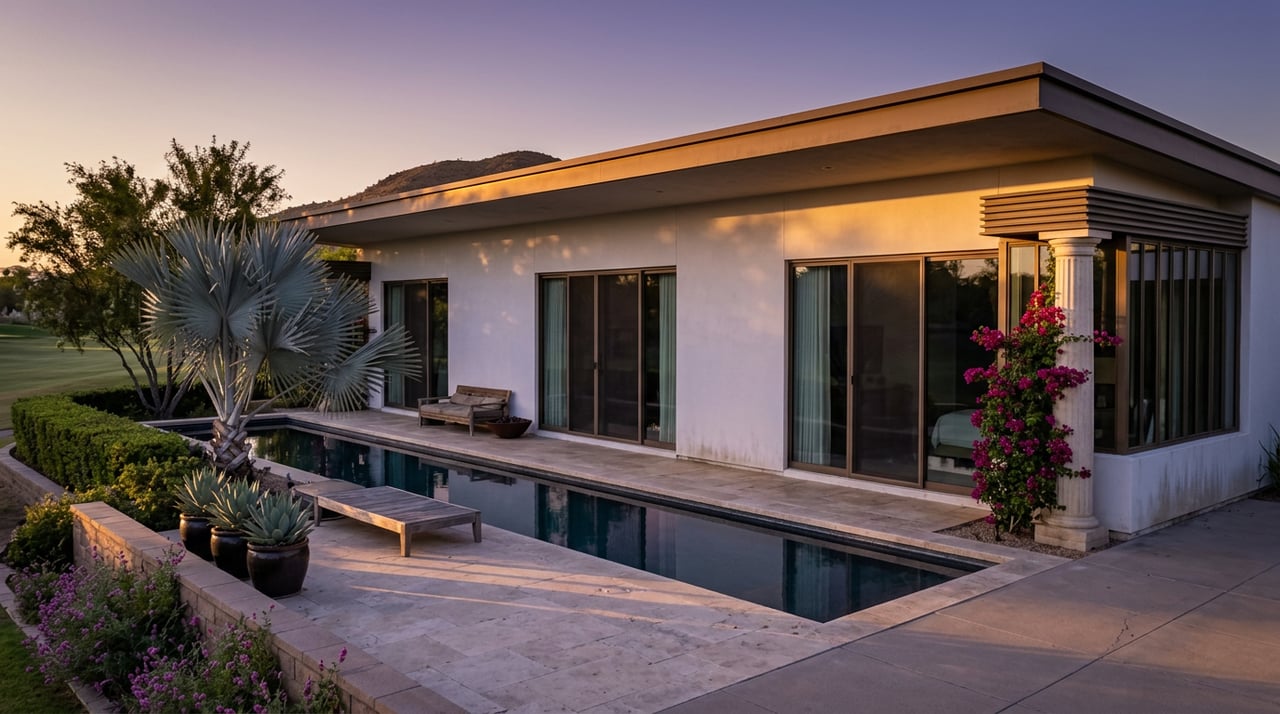 Single-story stucco home with bronze-framed glass, reflecting pool, silver-blue palm, and golf fairway beyond a clipped hedge.